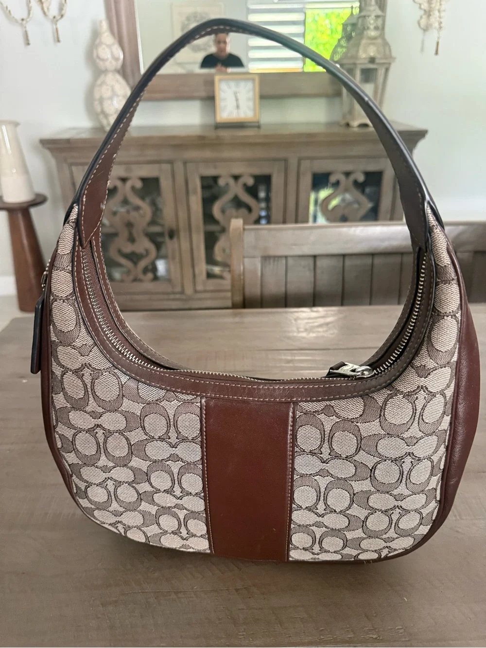 Coach Signature Jacquard Brown Leather Hobo Shoulder Bag Y2K